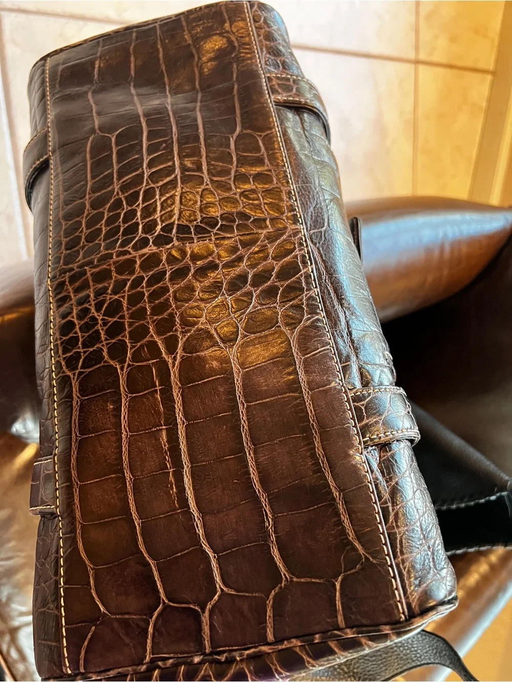 Donald J Pliner Brown Croc Embossed Leather Satchel Bag + Matching Size 8 Shoes